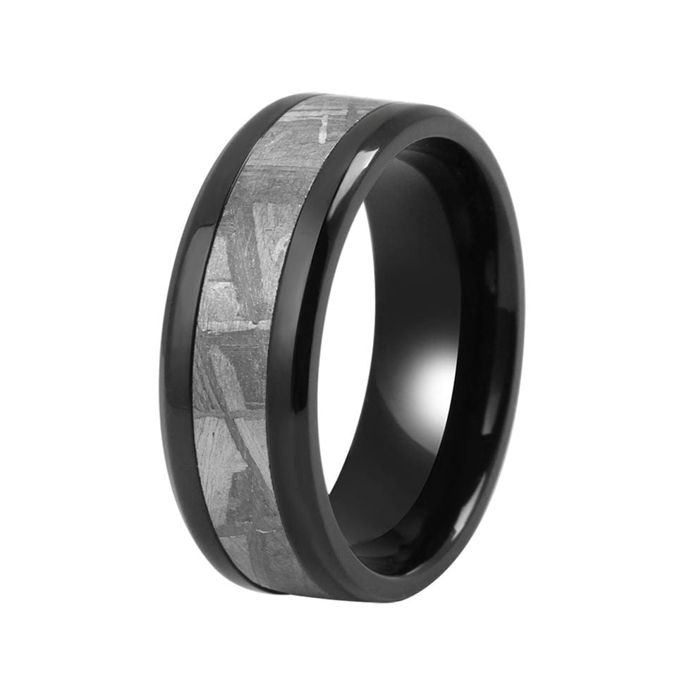 Black Zirconium ring with 8mm width and meteorite inlay by Forge and Lumber. Available in sizes UK O, P, Q.
