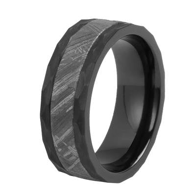 Black Zirconium engagement ring with 8mm width and textured design by Forge and Lumber.