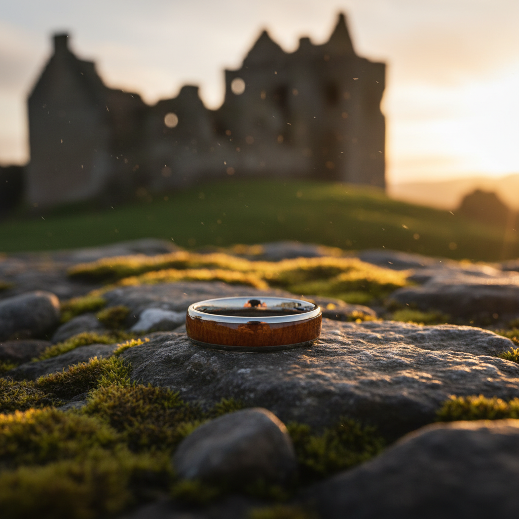 Forge & Lumber Acacia ring: 6mm wood band on moss stone at castle ruins in golden light.