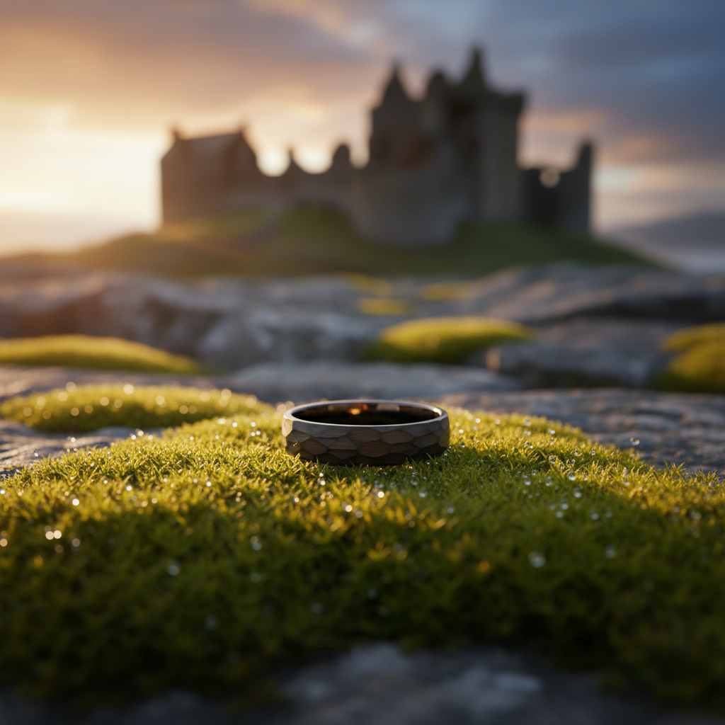 Forge & Lumber Anvil ring: Black, 6mm width. Sunset light on moss stone near castle ruins.