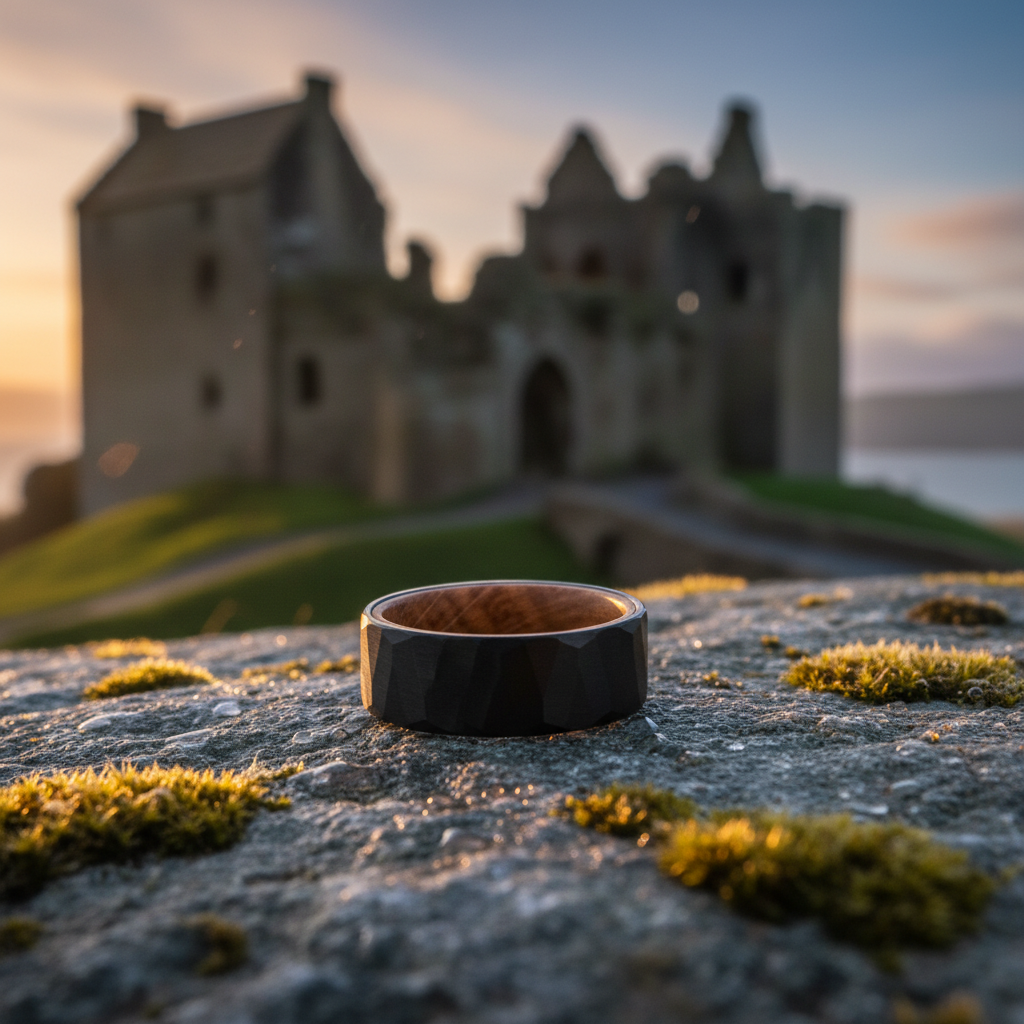Forge & Lumber Barrelhouse ring: 8mm band on mossy stone, Scottish castle ruins at sunset.