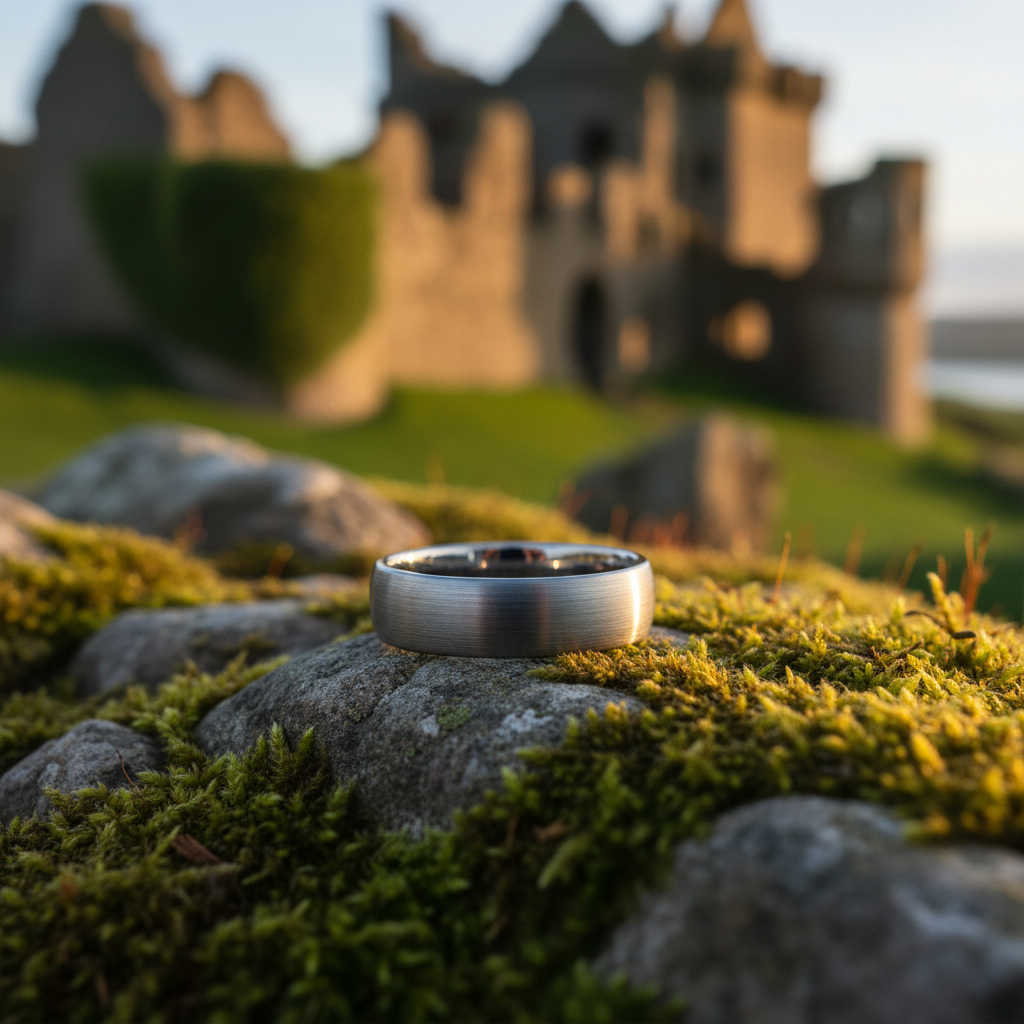 Forge & Lumber Bedrock ring. 6mm tungsten band on mossy stone at Scottish ruins.