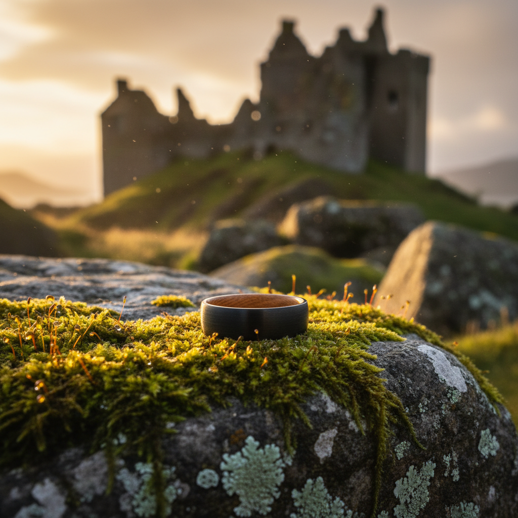 The Campbell ring by Forge and Lumber on mossy stone. 8mm barrel aged wood band.