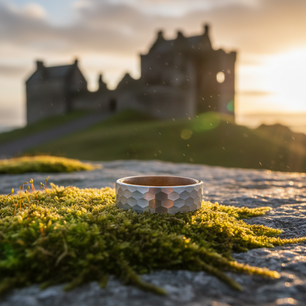 Forge & Lumber Campbeltown ring. 8mm barrel Celtic band on mossy stone, castle ruins. Scottish heritage.