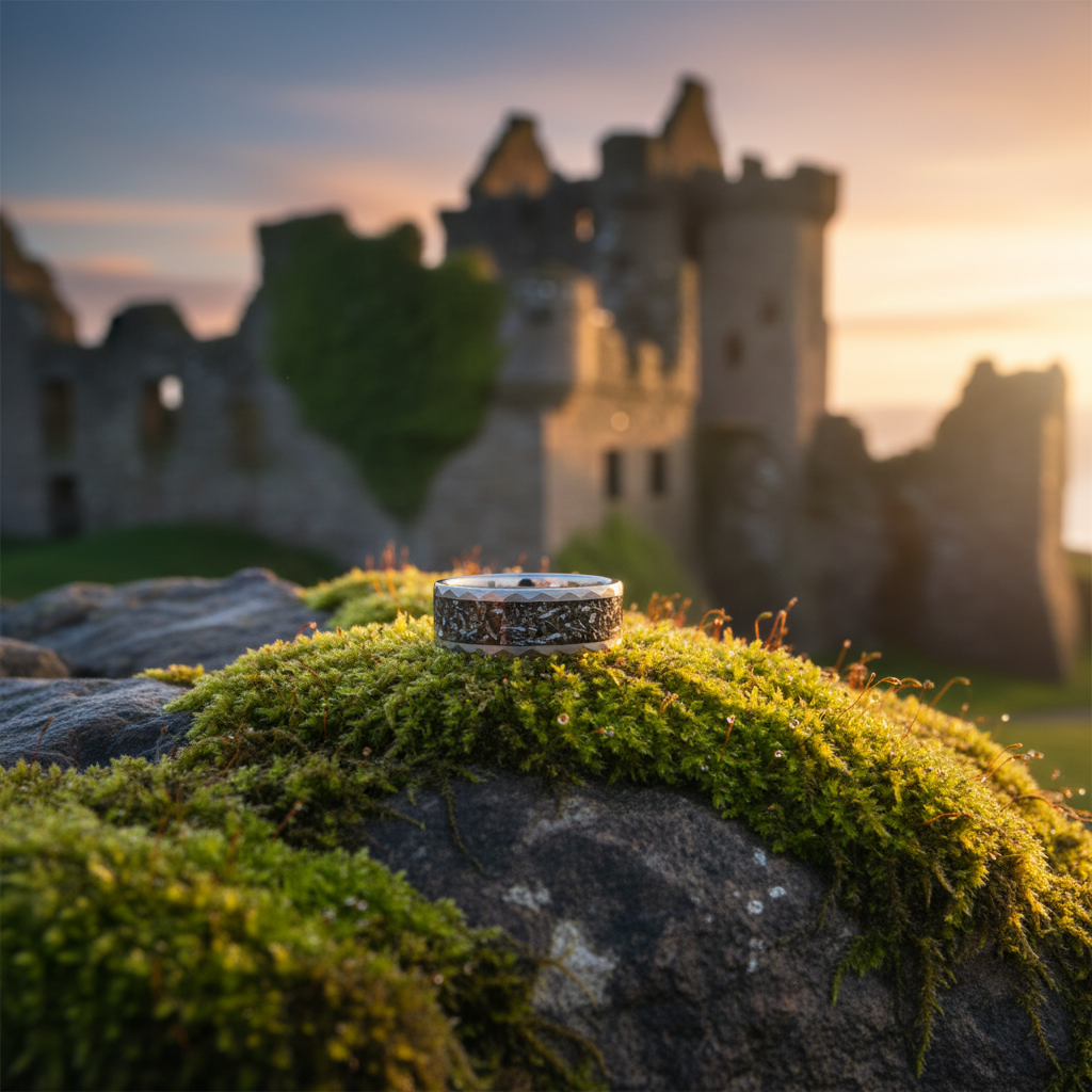 The Comet ring. Forge & Lumber alternative metal band on moss, castle ruins.