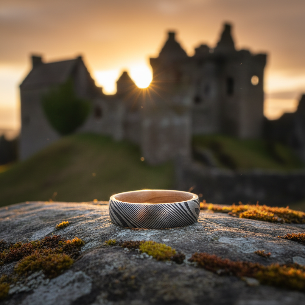 The Damascus 6mm ring by Forge and Lumber on mossy stone. Artisan-forged band.