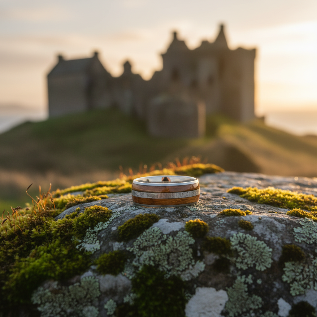 Forge and Lumber Davie ring. Artisan 8mm titanium band on mossy stone. Scottish ruins sunset.