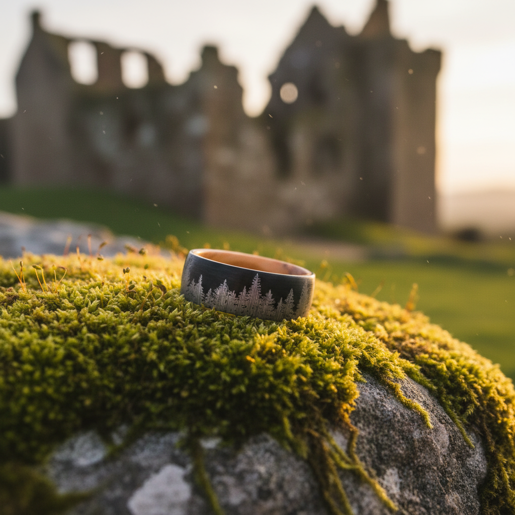 Forge & Lumber Explorer black tungsten band on mossy stone. Adventure ring, Scottish castle ruins backdrop.