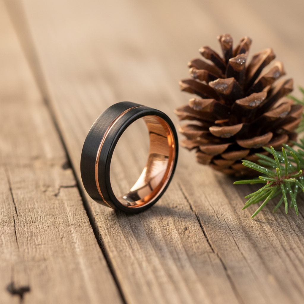8mm black and copper men's ring by Forge and Lumber, artisan-inspired design on rustic wood background.