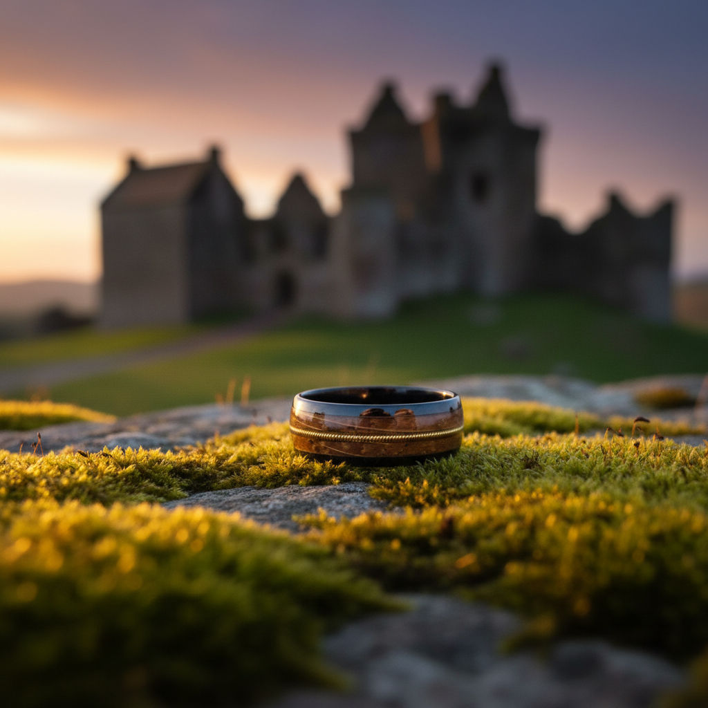 Forge & Lumber Fret ring. Black ceramic 8mm band on mossy stone, castle ruins backdrop.