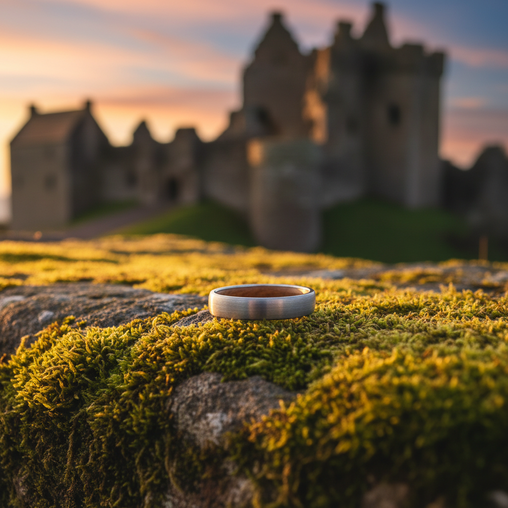 Forge & Lumber The Glen 4mm ring on moss, castle ruins. Men's wedding band.