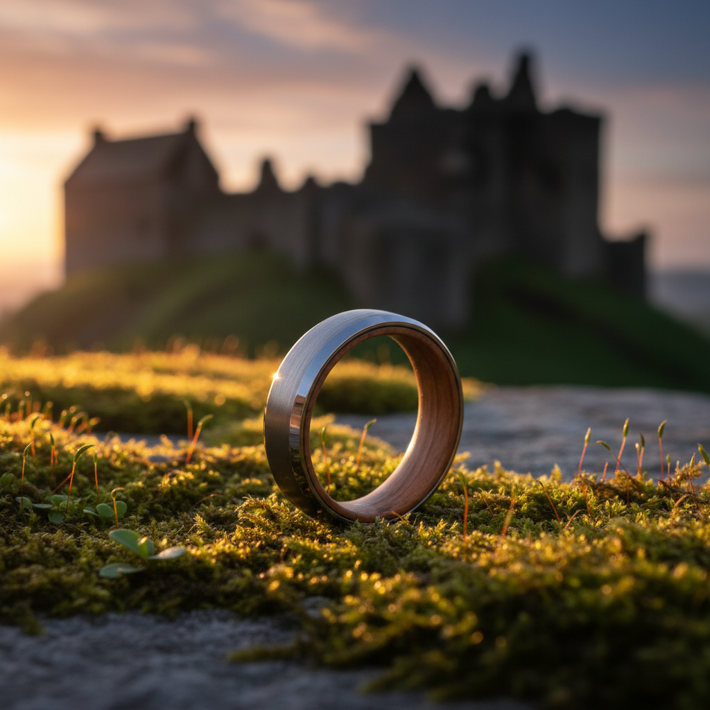 Forge & Lumber Glencairn 6mm tungsten ring on mossy stone. Scottish ruins sunset.