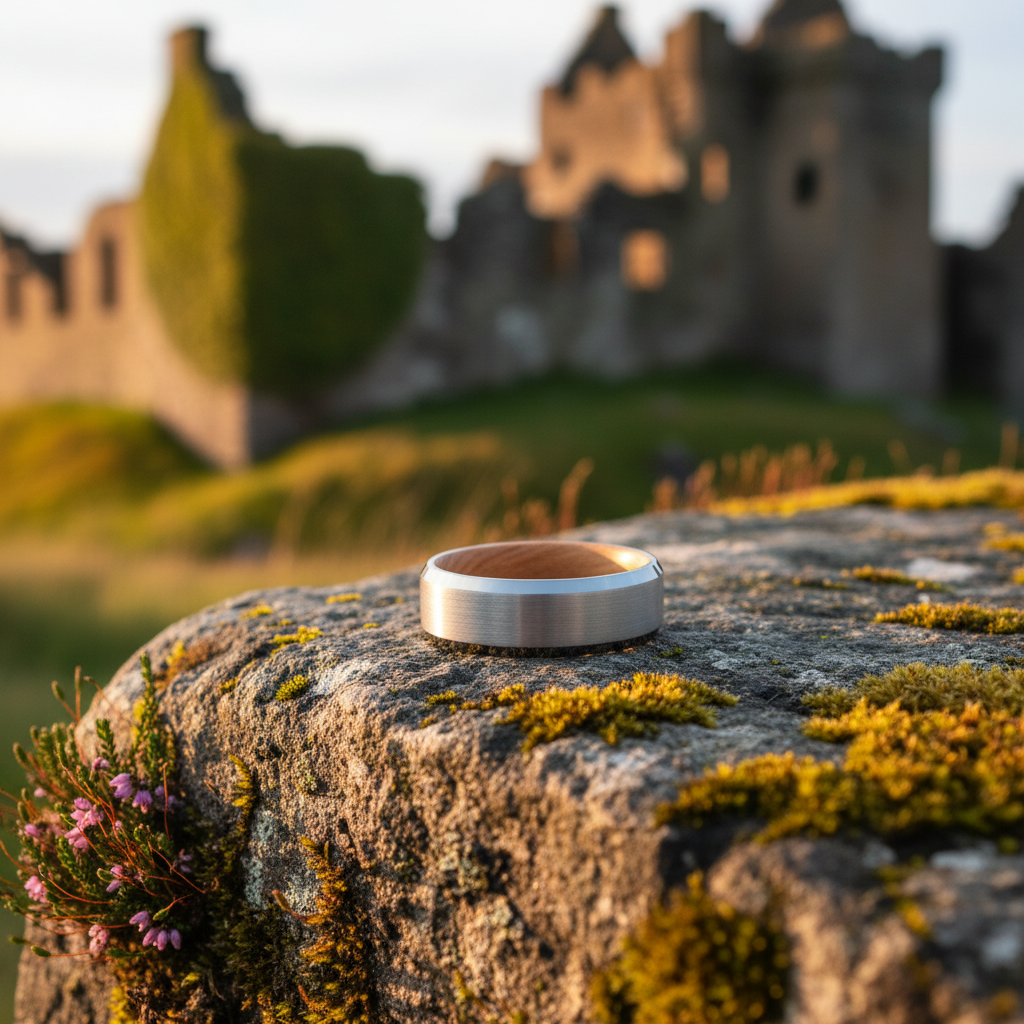 Glencairn 8mm ring by Forge and Lumber. Whiskey barrel wood ring on mossy stone, Scottish castle ruins.