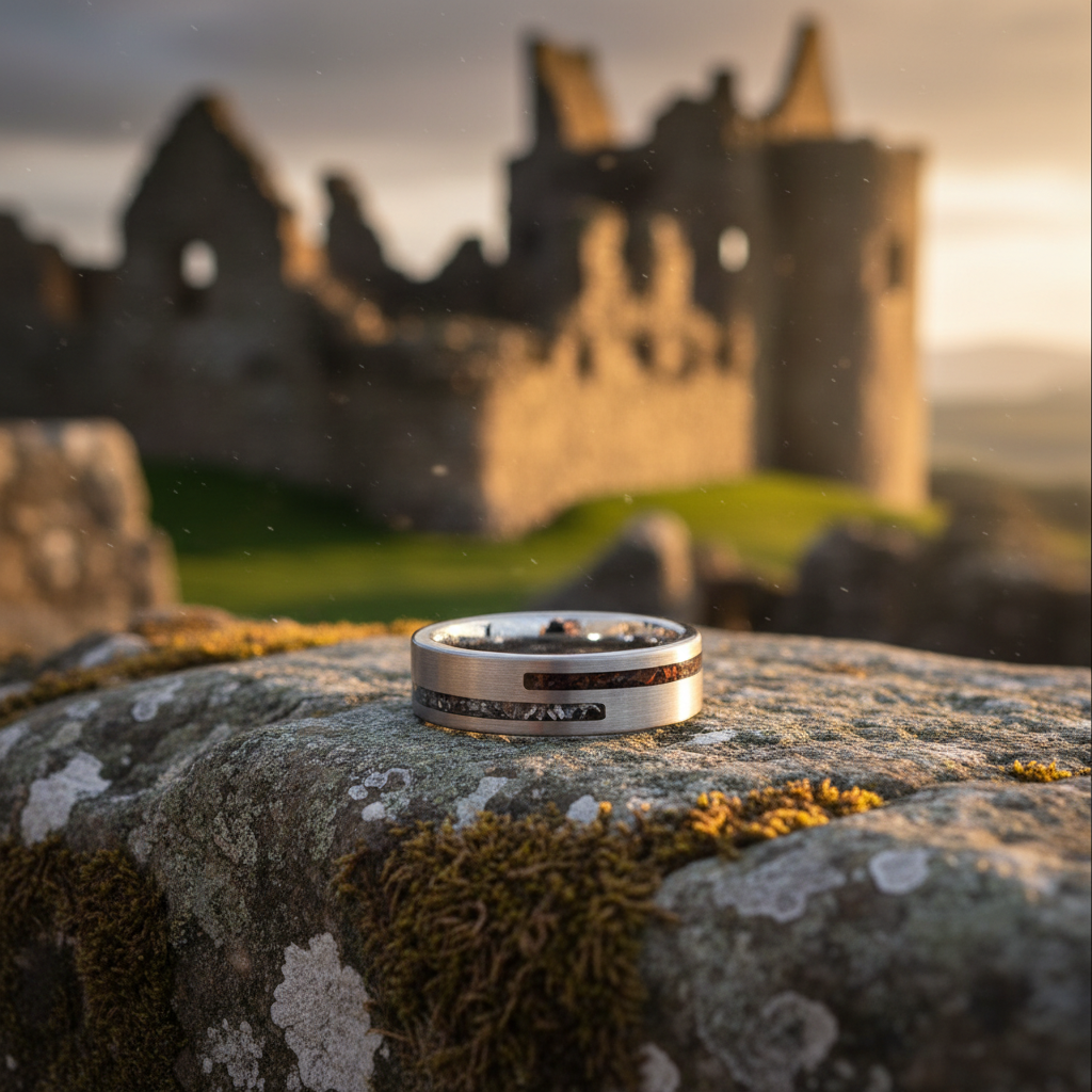 Forge and Lumber Impact 6mm ring. Band on mossy stone, Scottish castle sunset.