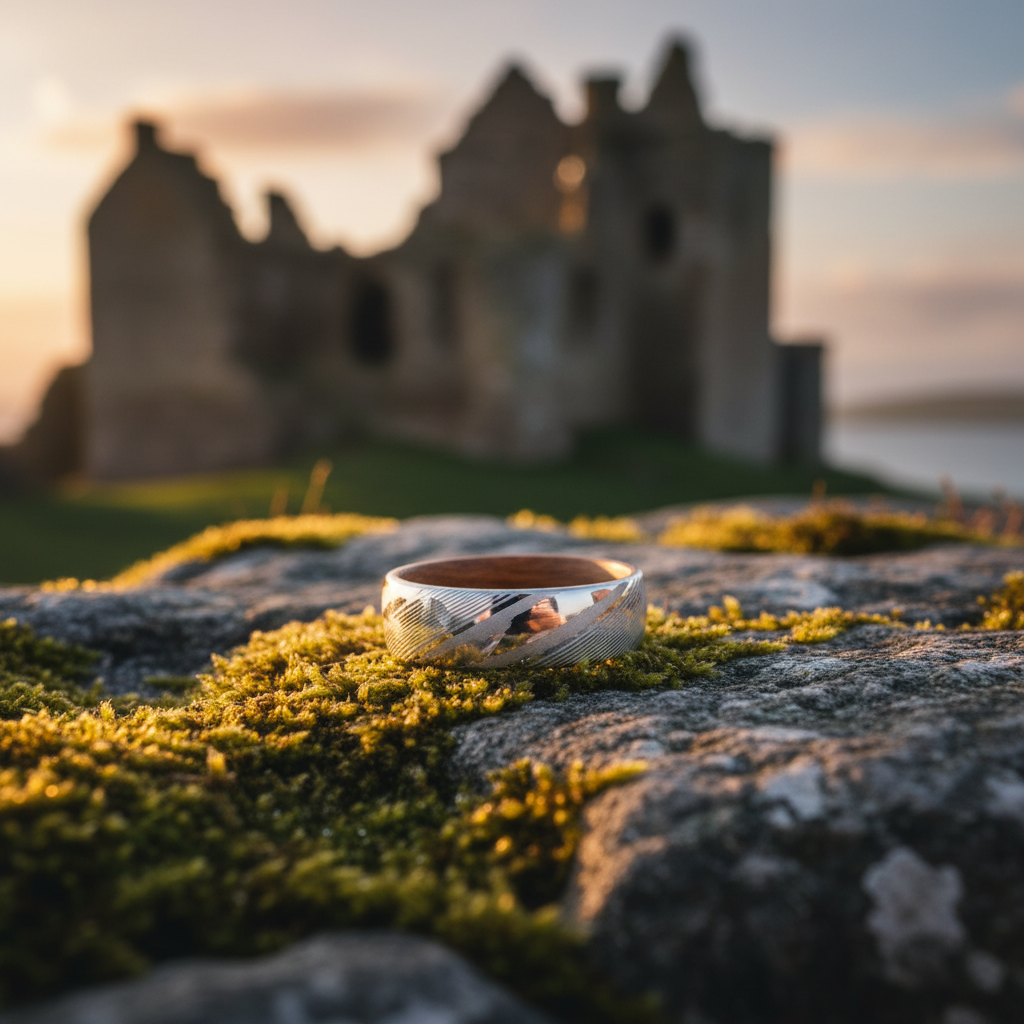 Forge & Lumber Kura ring: Artisan Damascus ring on mossy stone, Scottish ruins backdrop. Engravable gift.