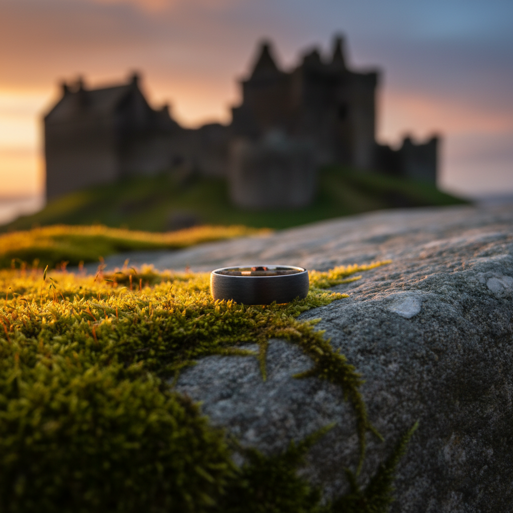 Forge & Lumber Monaco 6mm carbon fiber ring on mossy stone. Scottish castle ruins background.