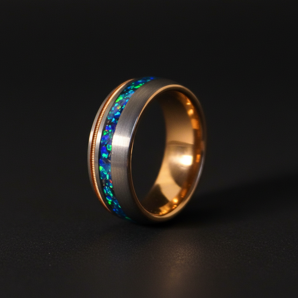 Artisan-made dual-tone wedding ring with blue-green opal inlay, by Forge and Lumber, size UK N / US 6.5.