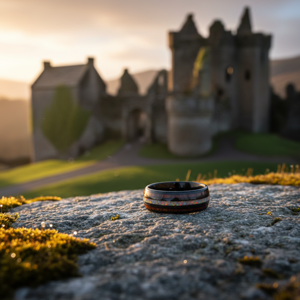 The Opallios ring by Forge and Lumber. Black 8mm double-inlay ring on mossy stone. Scottish ruins backdrop.