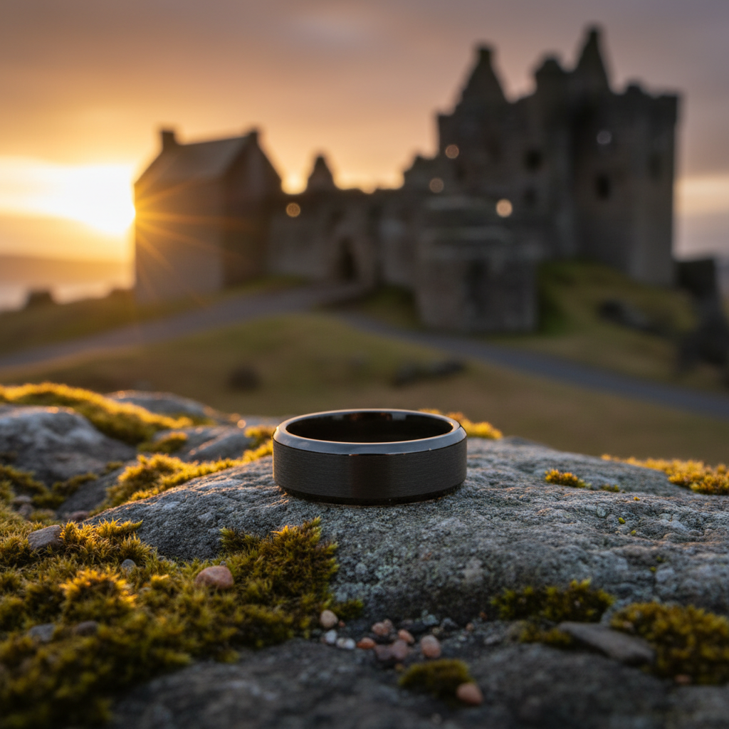 Forge & Lumber Pango ring. 8mm black band on mossy stone, Scottish castle ruins.
