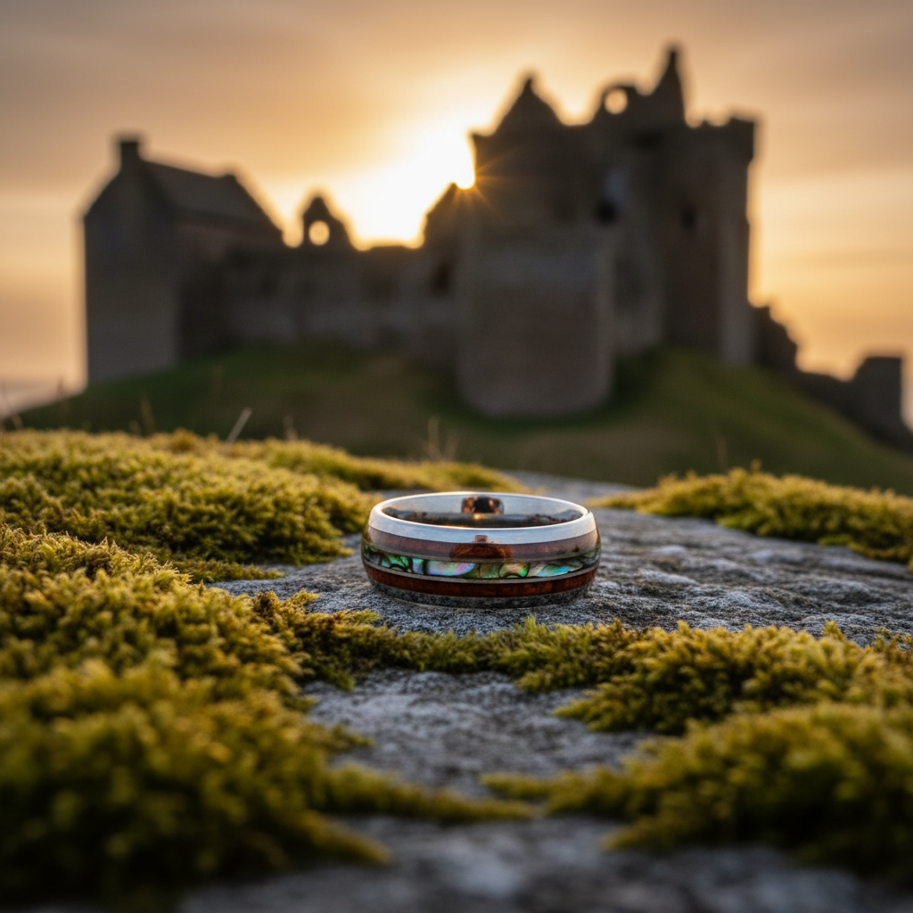 Forge & Lumber Paua ring: black 8mm abalone band on moss, castle ruins. Anniversary ring.