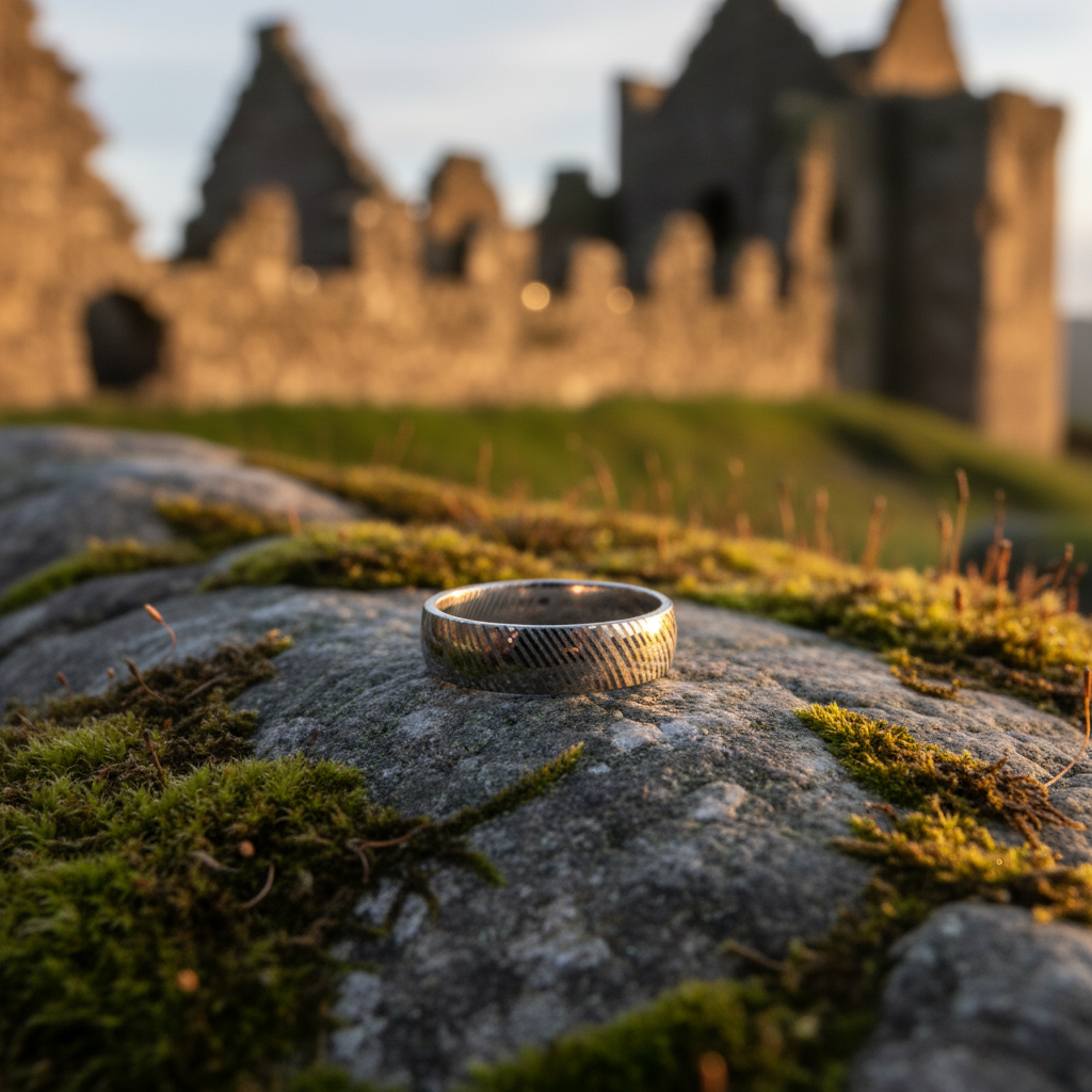 Forge and Lumber "The Ripple" Damascus ring. 6mm artisan ring on mossy stone at sunset.