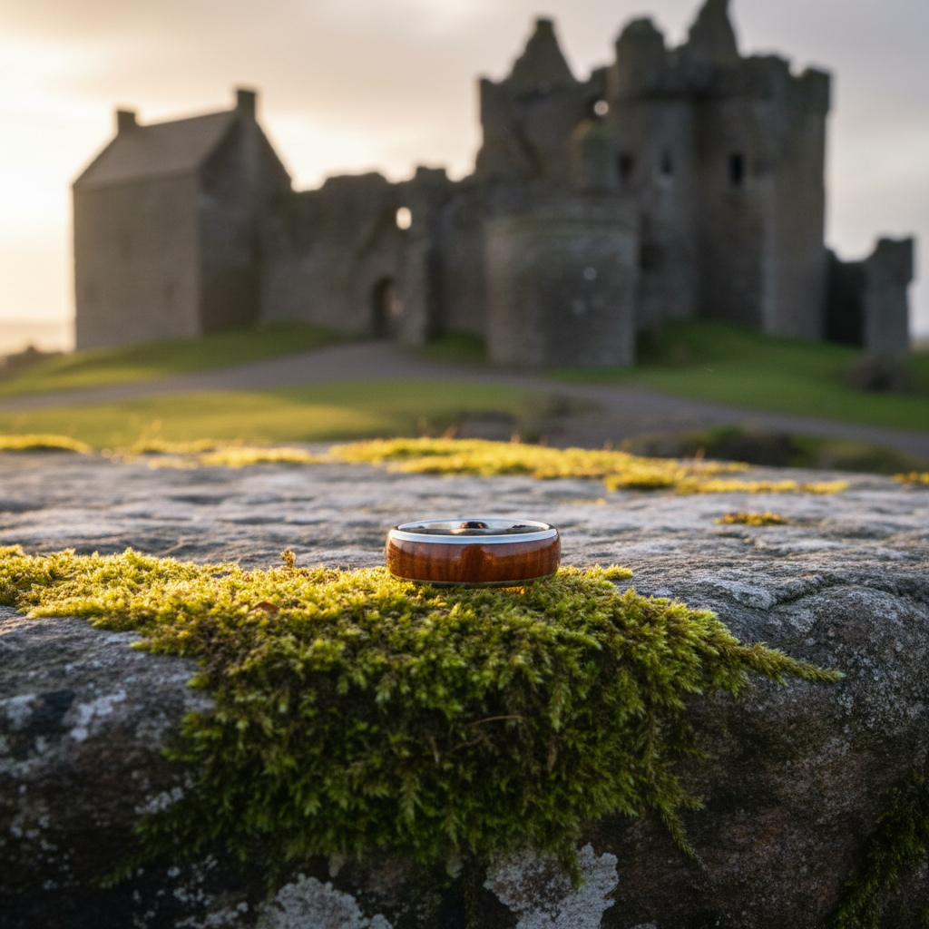 Forge and Lumber "The Royal" ring. Durable 8mm engravable ring on mossy stone at castle ruins.