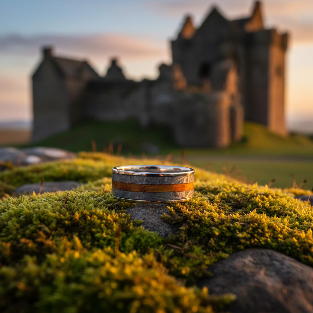 Forge & Lumber Saorsa ring: Artisan barrel-wood ring on mossy stone, Scottish castle backdrop. 8mm cosmic commitment.