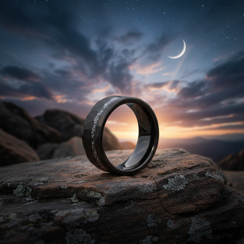 A black ring with a textured surface rests on a rocky outcrop, set against a sunset sky with a crescent moon.