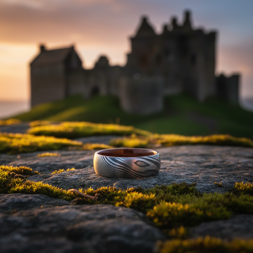 Forge & Lumber The Sword ring. Damascus steel on mossy stone, Scottish ruins background.
