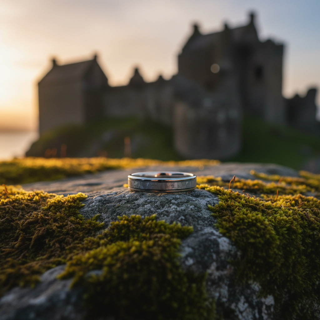 Theia ring: Forge & Lumber aerospace titanium 4mm ring on mossy stone. Scottish castle ruins.