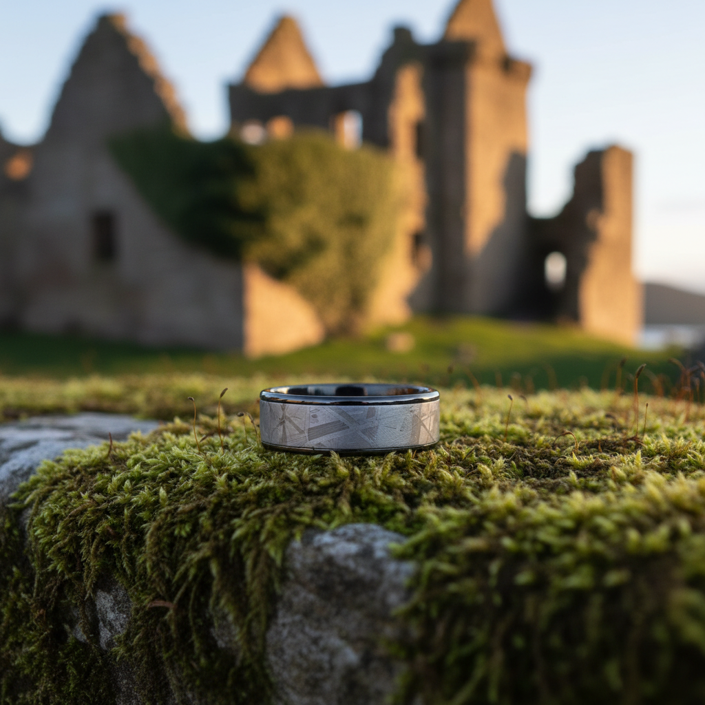 The Titan ring by Forge & Lumber. Black Zirconium 8mm ring on mossy stone. Durable astronomy band.