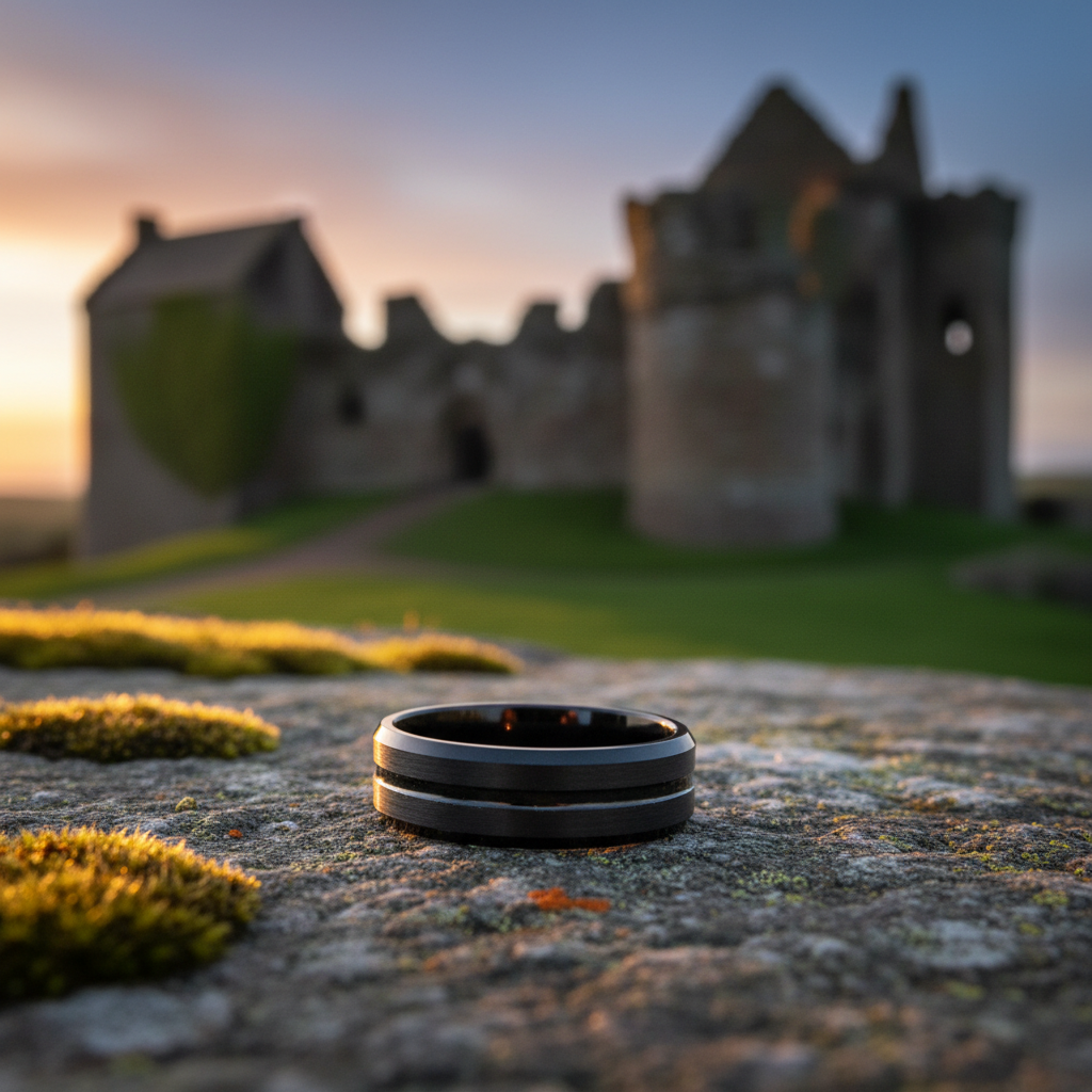 The Waka ring, Forge and Lumber, on mossy stone. Black, 8mm beveled band at sunset.