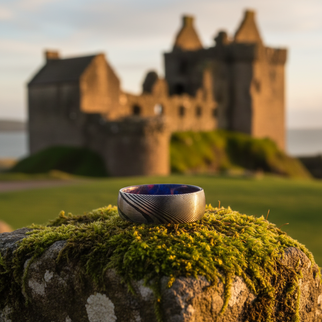 Forge and Lumber The Wootz ring. Damascus steel on mossy stone, castle ruins. Artisan engagement ring.