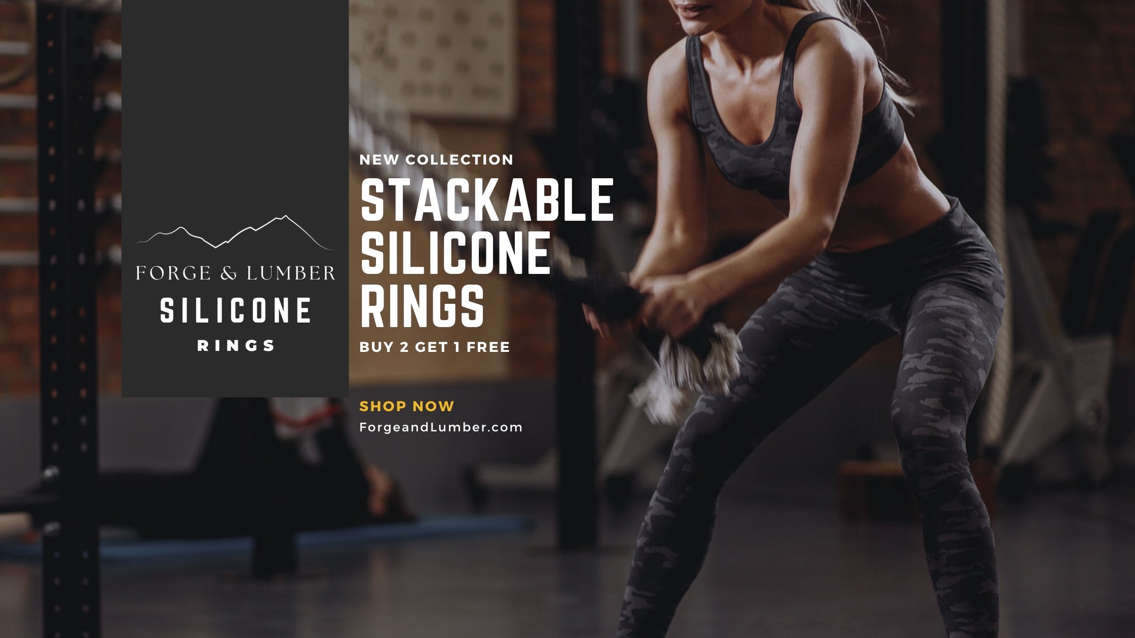 promotional banner for stackable silicone rings with lady working out in the gym 