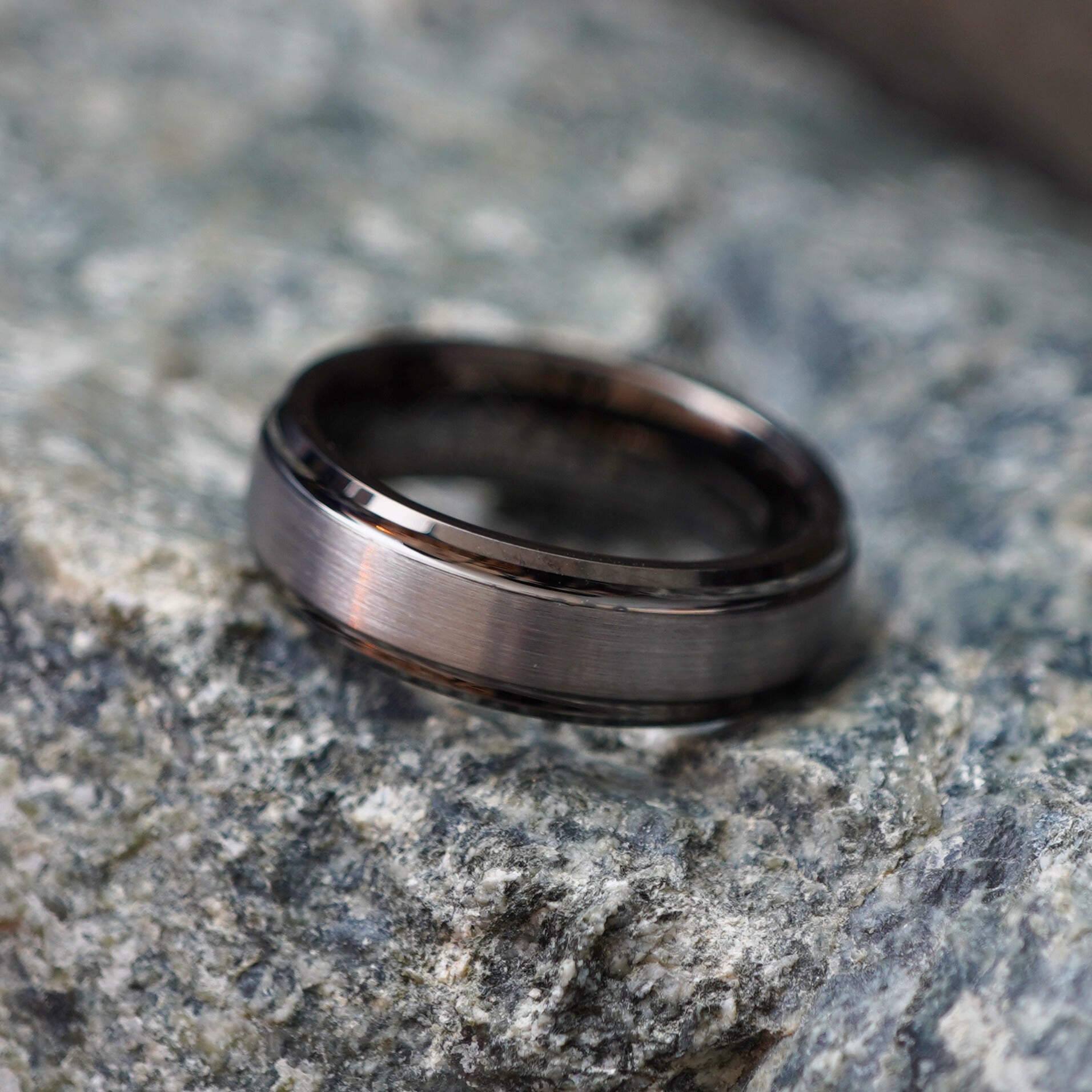 Gunmetal brushed tungsten ring with 6mm width, comfort fit design by Forge and Lumber, ideal for active lifestyles.