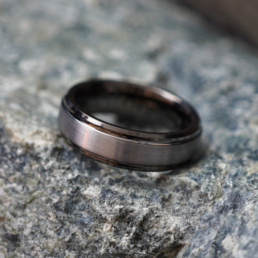 Gunmetal brushed tungsten ring with 6mm width, comfort fit design by Forge and Lumber, ideal for active lifestyles.