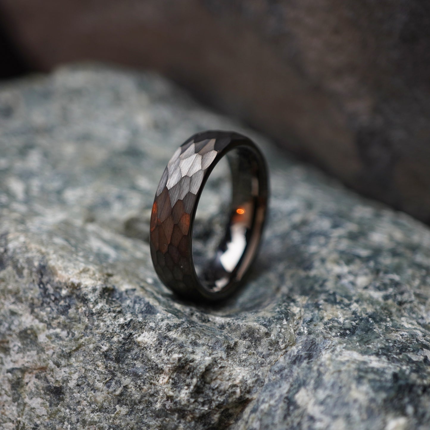 Black anvil-inspired ring with a textured finish, made by Forge and Lumber, available in sizes UK K to M.
