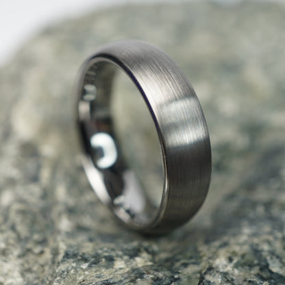 Aerospace-grade tungsten men's ring, 6mm width, matte finish, by Forge and Lumber, available in multiple sizes.