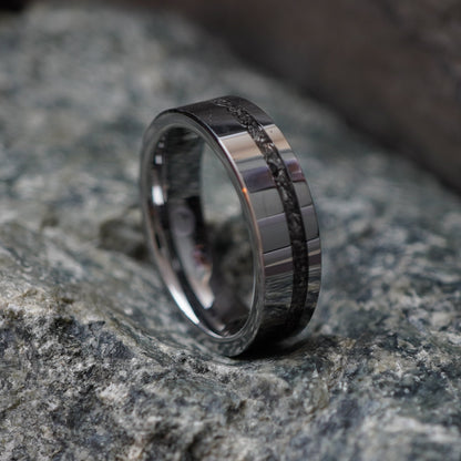 6mm stainless steel men's band ring with a polished finish and textured black inlay by Forge and Lumber