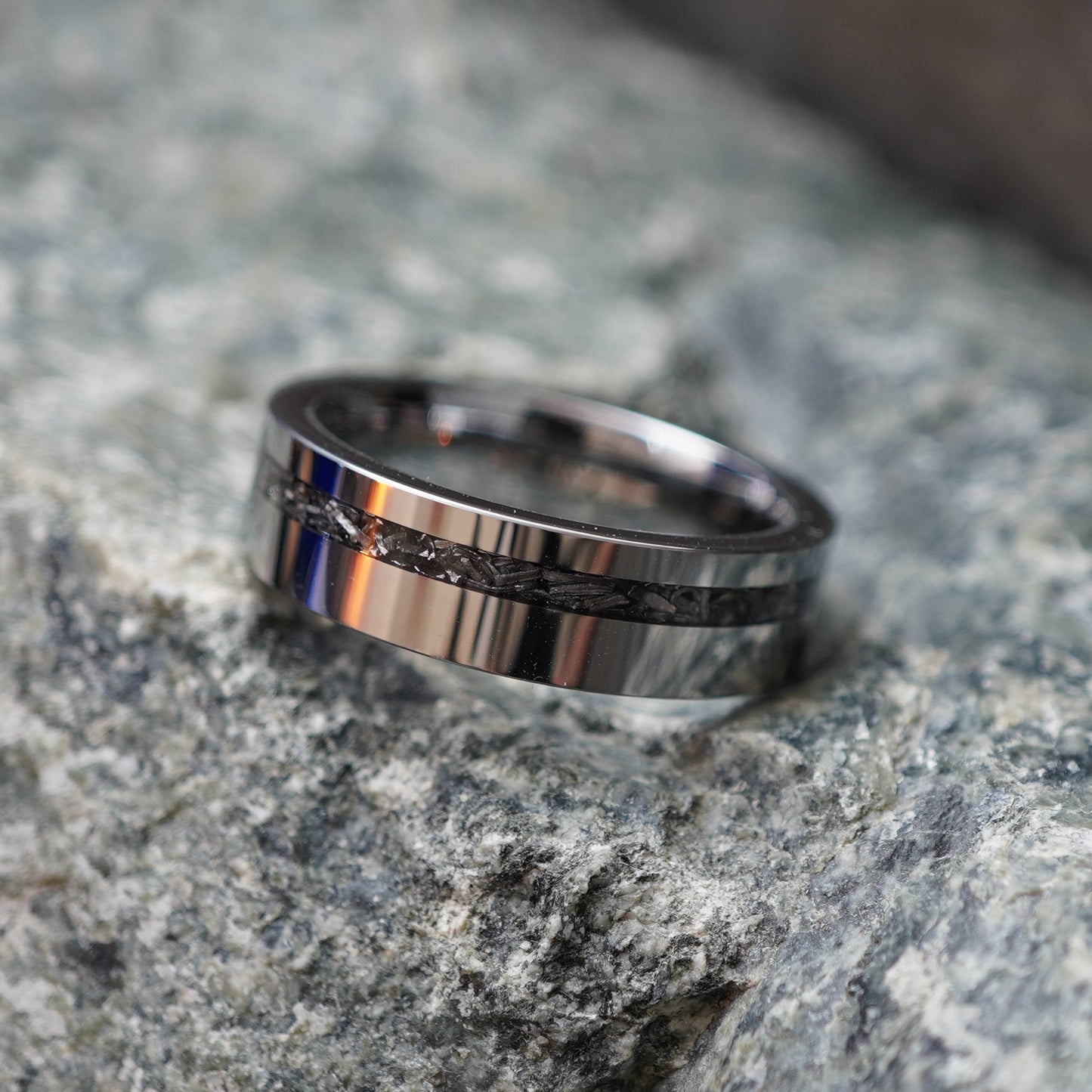 6mm meteorite wedding band with polished stainless steel accents by Forge and Lumber