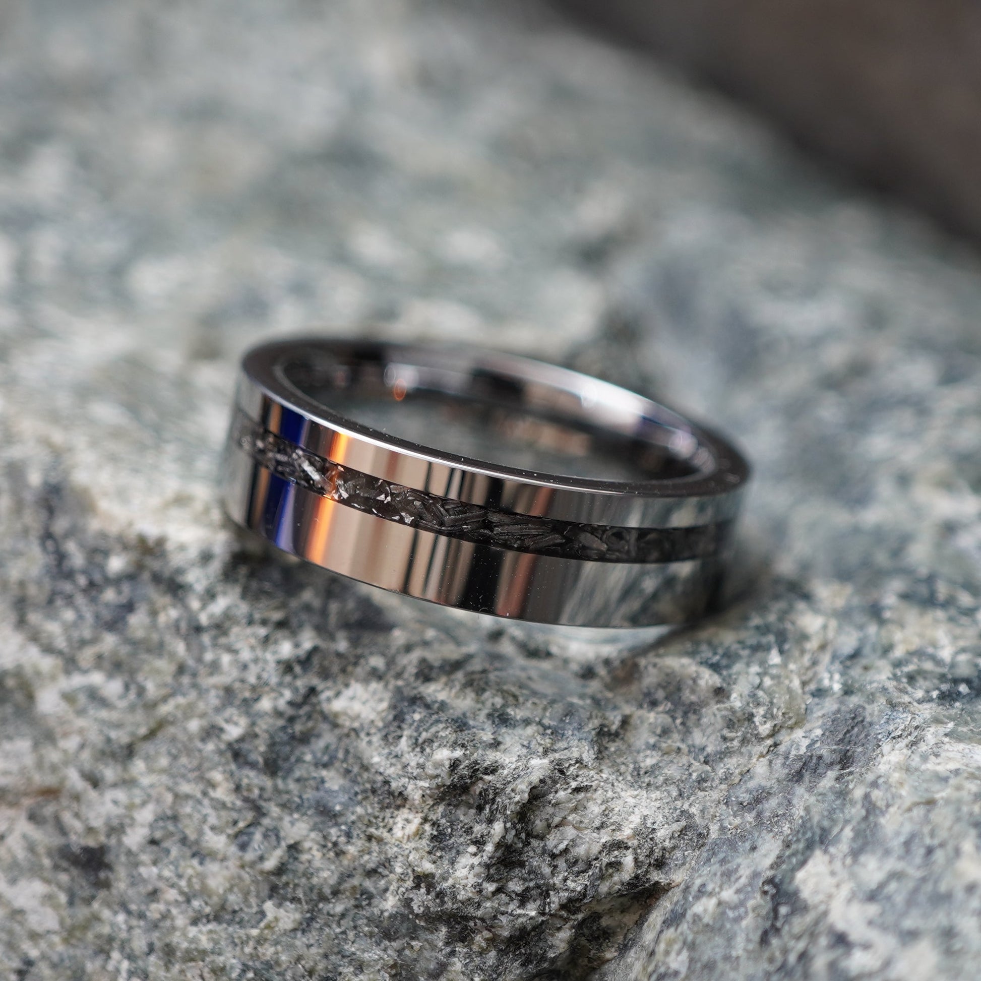 6mm meteorite wedding band with polished stainless steel accents by Forge and Lumber