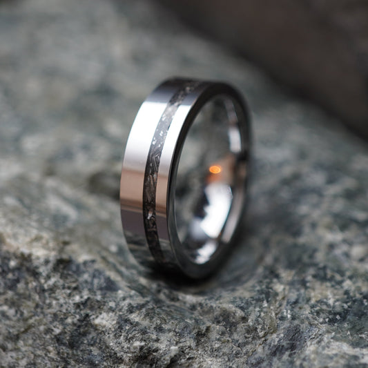 Men's 6mm stainless steel band ring with a textured black inlay by Forge and Lumber, ideal for anniversaries.