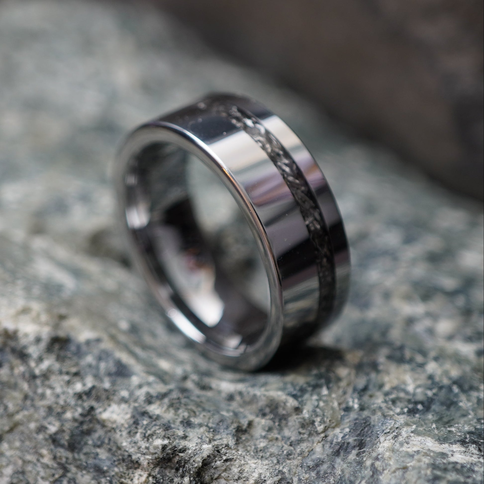 Silver 8mm ring with cosmic engravings by Forge and Lumber, durable design for anniversary gifts.
