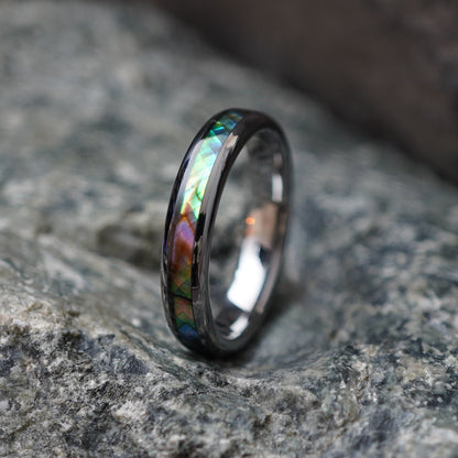 Engravable 4mm ladies' ring with iridescent inlay by Forge and Lumber