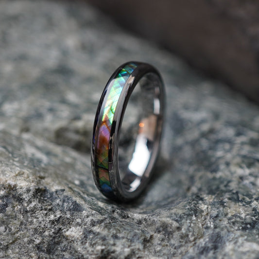 Engravable 4mm ladies' ring with iridescent inlay by Forge and Lumber