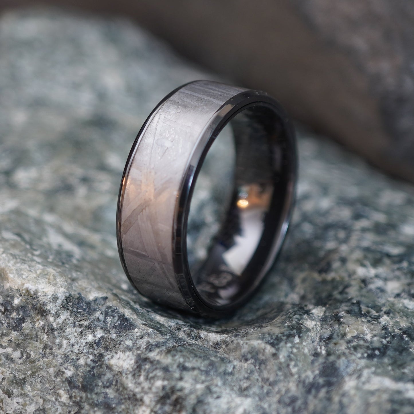 Black Zirconium ring with 8mm width and textured finish by Forge and Lumber, perfect for astronomy enthusiasts.