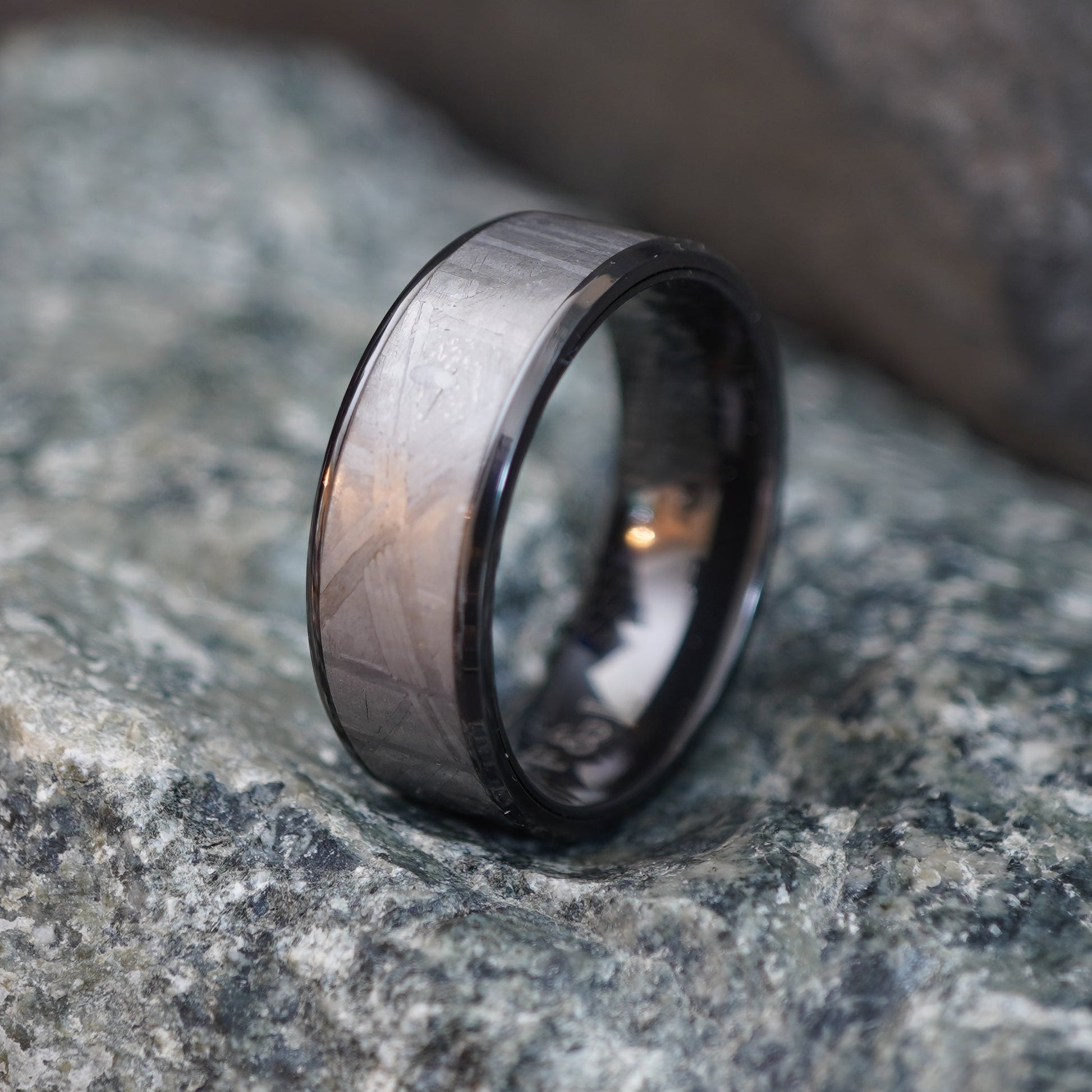 Black Zirconium ring with 8mm width and textured finish by Forge and Lumber, perfect for astronomy enthusiasts.
