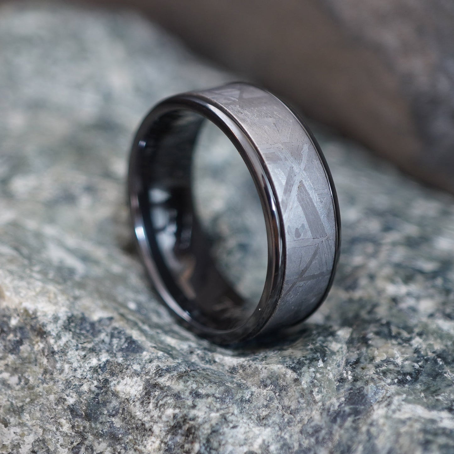 Black Zirconium ring with 8mm width and grey patterned inlay by Forge and Lumber. Ideal for astronomy enthusiasts.