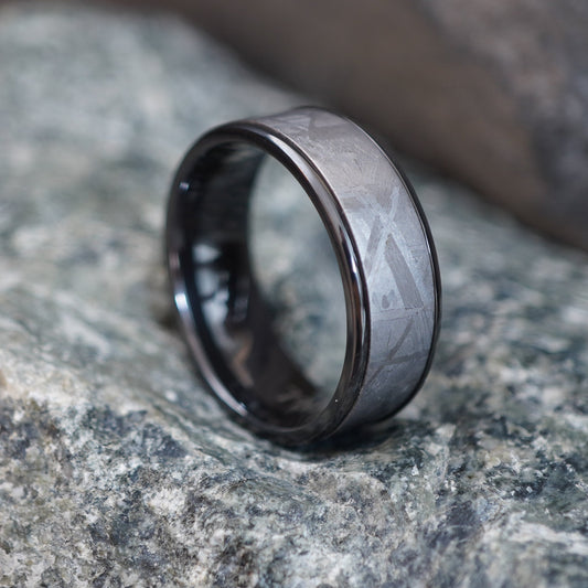 Black Zirconium ring with 8mm width and grey patterned inlay by Forge and Lumber. Ideal for astronomy enthusiasts.