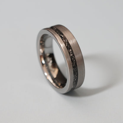 Forge and Lumber Nova 6mm cosmic ring with a brushed finish and dark inlay, engravable, available in multiple sizes.